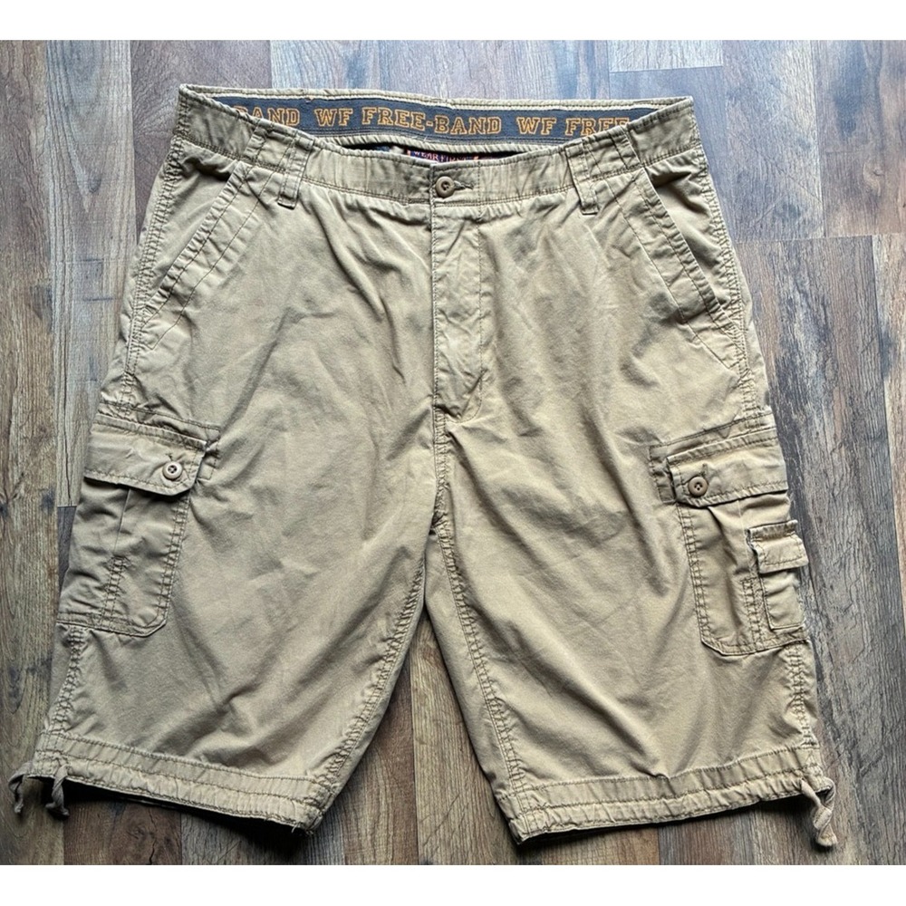 WearFirst Men's Cargo Shorts Size 38 Khaki Tan Free-Band Cotton Blend Utility Hi
